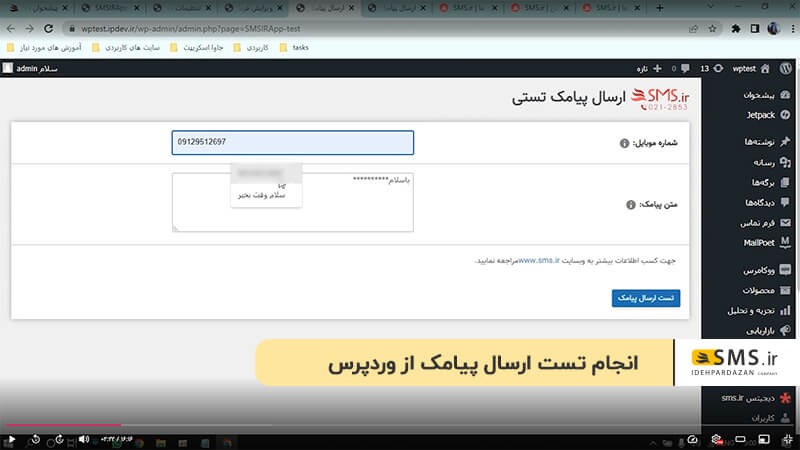 انجام تست ارسال پیامک از وردپرس